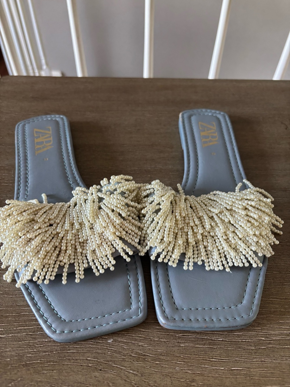 Zara Blue and Cream Beaded Slide Sandals